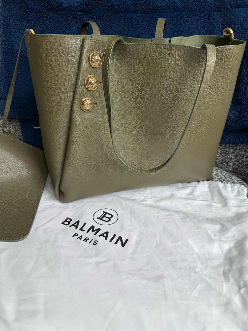Balmain Embleme Olive Green Leather Tote Bag with Gold Buttons